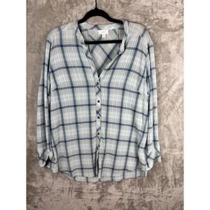 J Jill Plaid Button Down Tunic Shirt Long Sleeve Blue Plaid Women's M